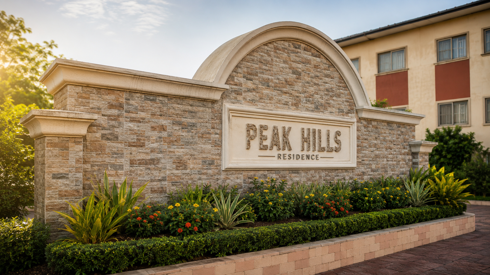 The stone entrance sign of Peak Hills Residence in daylight